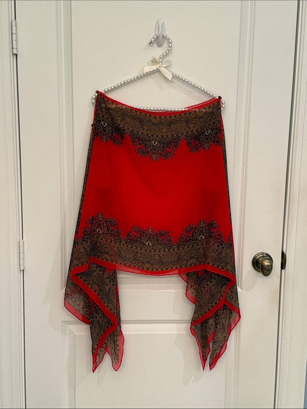 Red Paisley-Trim Asymmetrical Handkerchief Hem Skirt